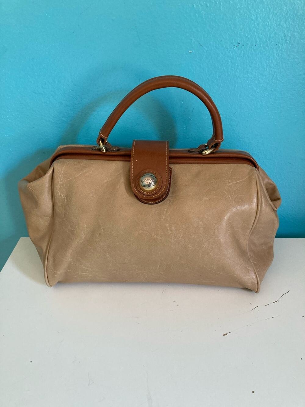 Vintage 80s Capezio Doctor Bag Handbag Beige Brown Frame Satchel Purse 14 x 7.5
